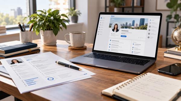 Modern çalışma masasında dizüstü bilgisayardan LinkedIn profilini düzenleyen ve profesyonel İngilizce CV hazırlayan iş adayı