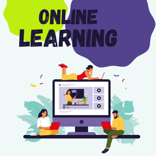 Bilgisayar ekranı etrafında çevrim içi ders alan öğrencilerin ve “Online Learning” yazısının illüstrasyonu