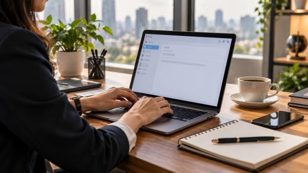 İş İngilizcesinde profesyonel e-posta yazan çalışan ve dizüstü bilgisayar ekranındaki e-posta taslağı