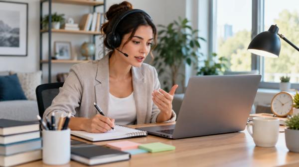 iTEP Business Speaking ve Writing sınavına bilgisayar başında mikrofon ve notlarla hazırlanan profesyonel çalışan