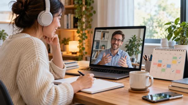Online İngilizce özel ders için haftalık çalışma programını planlayan ve bilgisayar üzerinden öğretmeniyle birebir ders yapan öğrenci